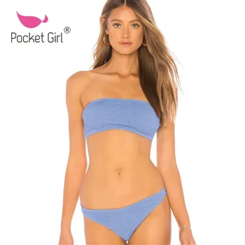 

Pocket Girl 2020 Sexy Bikini Set Ribbed High Cut Swimsuit Strapless Bathing Suit Swimwear Bandeau Bikini Set new Swimming Suits