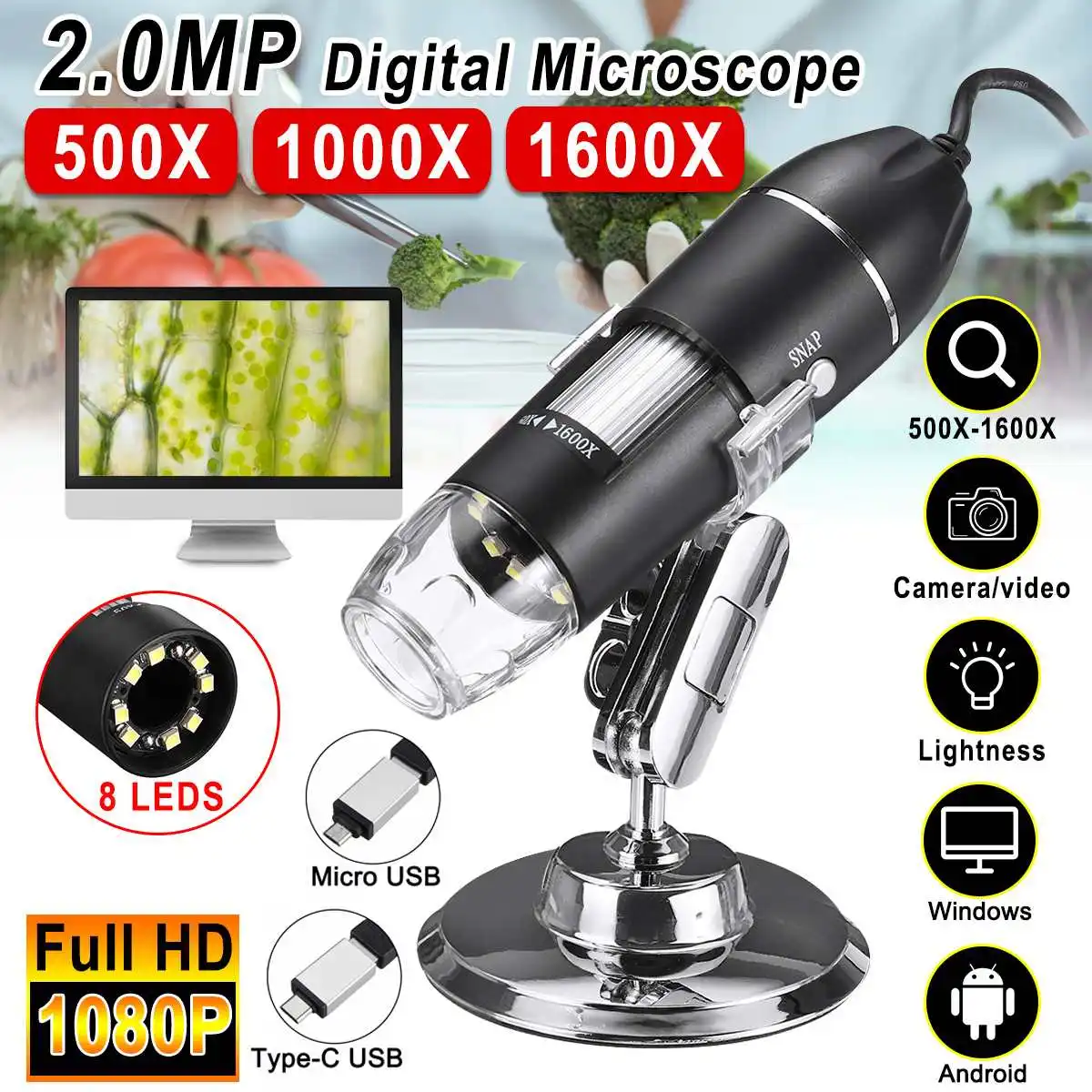 

500X/1000X/1600X 3 In 1 2MP 1080P Handheld Digital Microscope Magnifier Camera With 8LEDs And Stand Adjustable Brightness