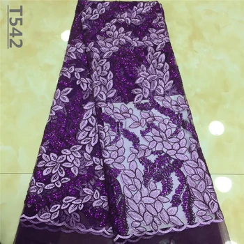 

African Lace Fabric Purple French Lace Fabric With Sequins Nigerian French Fabric High Quality African Tulle Lace Fabric