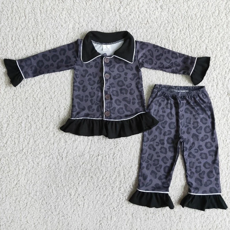 children's place nightgown Wholesale Baby Girl Toddler Nightclothes Clothing Spring Kids Black Leopard Lapel Set Ruffle Pants Children Pajamas Sleepwear sleepwear for children