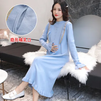 

6913# Autumn Winter Knitted Maternity Nursing Long Dress Loose Sweet Breast Feeding Clothes for Pregnant Women Loose Pregnancy