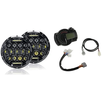 

1x LCD Digital Backlight Motorcycle Oeter & 2Pcs 7 Inch Round LED Headlights for JEEP Wrangler JK TJ LJ 1997-17