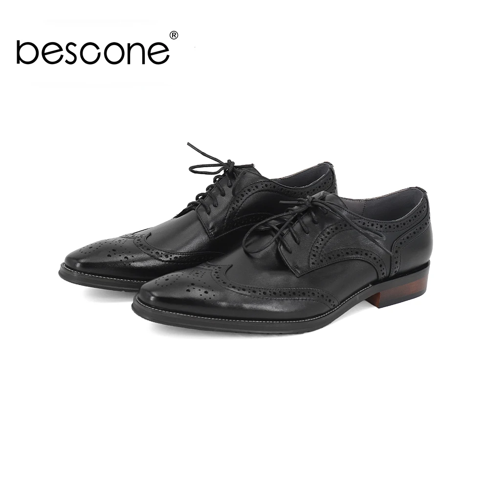 

BESCONE Men Suit Shoes High Quality Top-Layer Genuine Leather Lace-Up Shoes New Basic Solid Comfortable Breathable Men Shoes BN7
