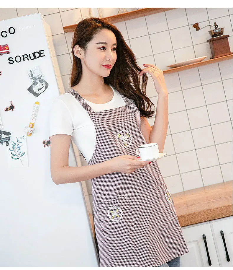Korean-style Suspender Strap around Pure Cotton Anti-Oil Sleeveless Adult Apron Women's Pastoral Style Plaid Restaurant Work Clo