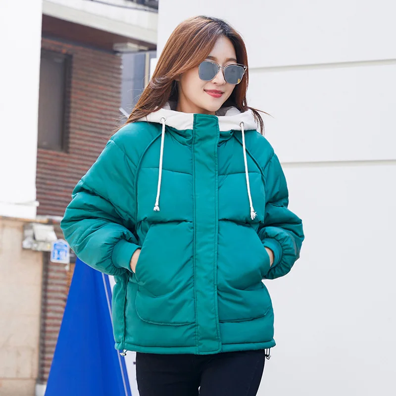 Женская короткая куртка женская короткая парка с капюшоном и стоячим воротником повседневное хлопковое теплое Стеганое пальто - Цвет: Зеленый