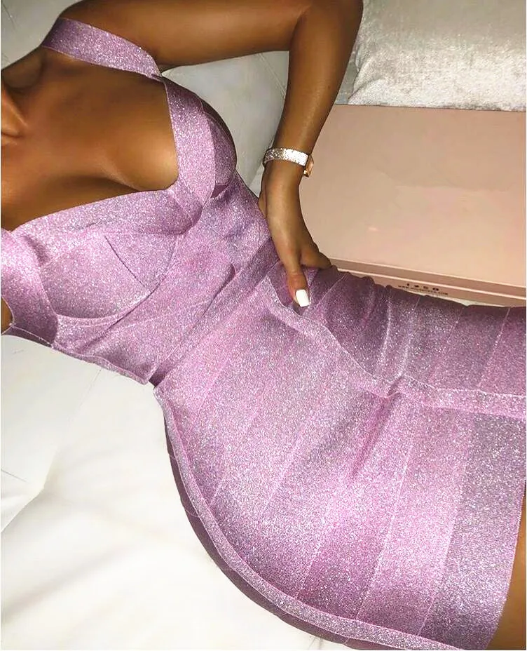 

Free Shipping Ladies Sexy V Neck Backless Purple Shining Women Bandage Dress 2020 Designer Fashion Sparkly Party Dress Vestido