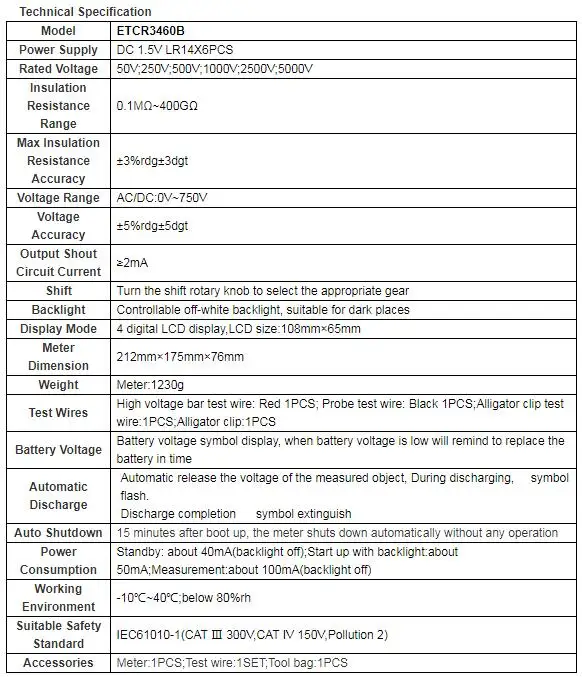 ETCR3460B 5000V,0.1Mohm - 400Gohm ,AC/DC0V-750V high performance hv insulation r