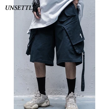 

UNSETTLE 2020SS Side Ribbon Multi Pockets Cargo Shorts Mens Casual Summer Hip Hop Baggy Streetwear Male Joggers Short Pants