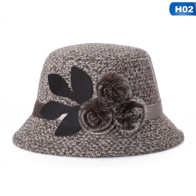 Новая женская шляпа Fedora Женская шерстяная купольная Кепка для девочек осень-зима шерстяная шапка с цветком шапочка для бассейна шерстяной купол - Цвет: H02