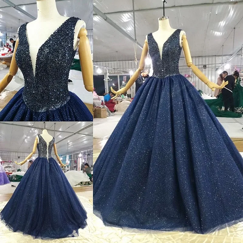 Navy Blue Luxurious V Neck Diamond Decor Organza Wedding Dress Bridal Gown Wedding Dresses Aliexpress