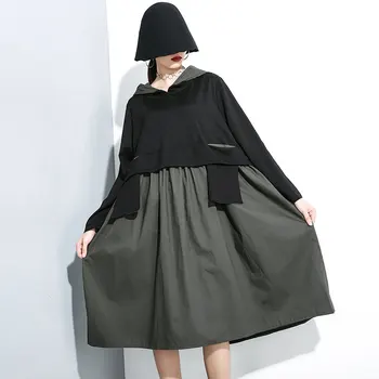 

Women Autumn Long Sleeve Pocket Design Splice Plus Size Hooded Dress Female Streetwear Punk Gothic Long Dreess Robe Cloak