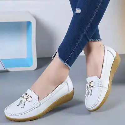 KUIDFAR Women Flats Genuine Leather Women Casual Shoes Breathable Slip-On Flat Shoes Solid Color Ladies Loafers Plus Size