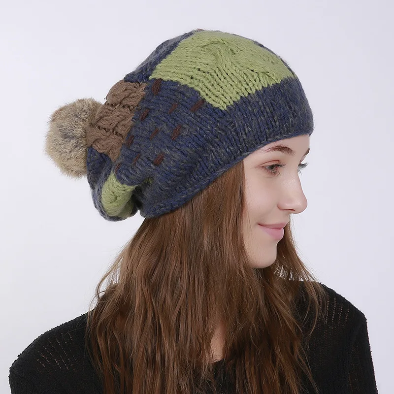 

Sparsil Women Rabbit HairBall Wool Knitted Hat New Fashion Hand-woven Mixed Color Caps Warm Earmuffs Beanies Female Girl