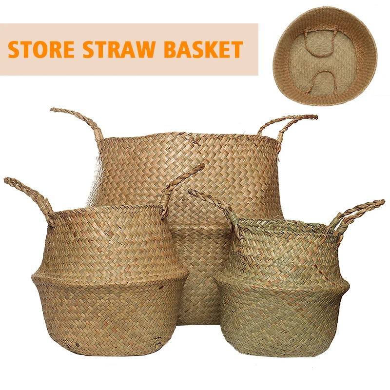 Woven Basket Plant Pot Seagrass Baskets Belly Storage Bag Garden Home Decors 