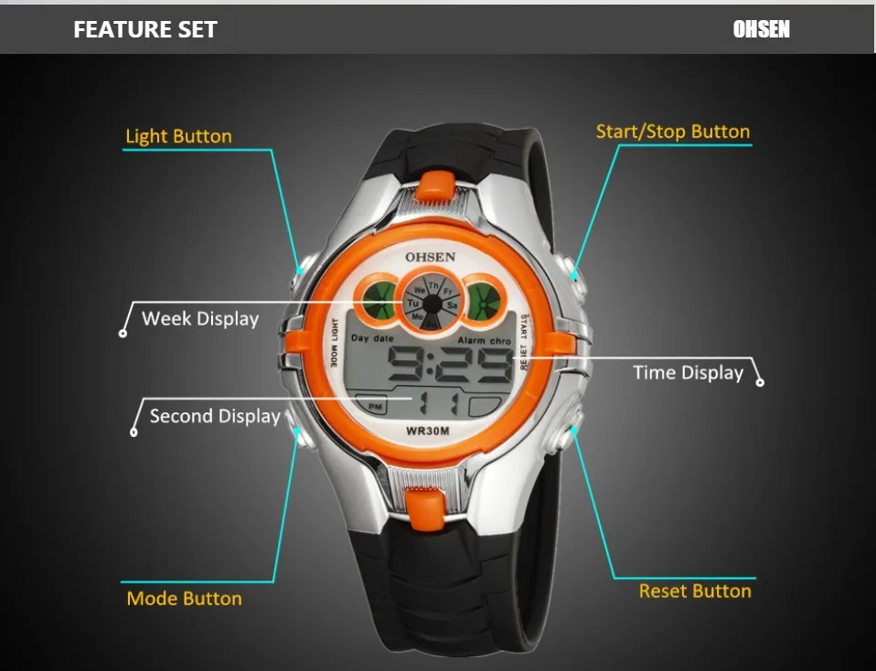 Детские спортивные часы OHSEN для мальчиков и девочек, водонепроницаемые черные наручные часы, светодиодный светильник, Многофункциональные цифровые часы с секундомером