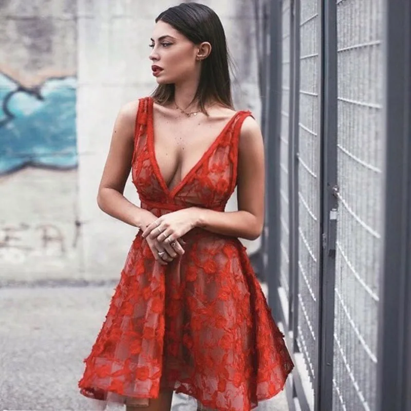 

Elegant Red Dress Sleeveless Lace Deep V Neck Design Mini Bandage Dress Women Fashion Clubwear Party Dress Vetido Wholesale 2019