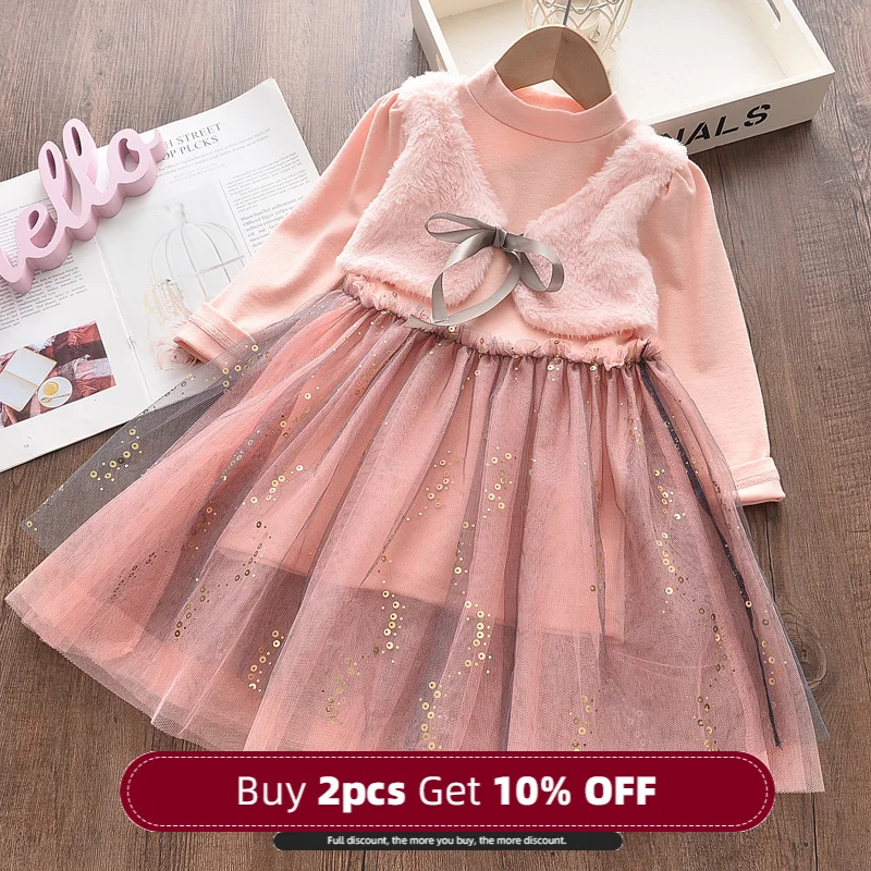 Menoea 2-7y filles automne robe 2020 princesse Style enfants rose laine fleur patch robe Bow enfants maille vêtements robes de soirée