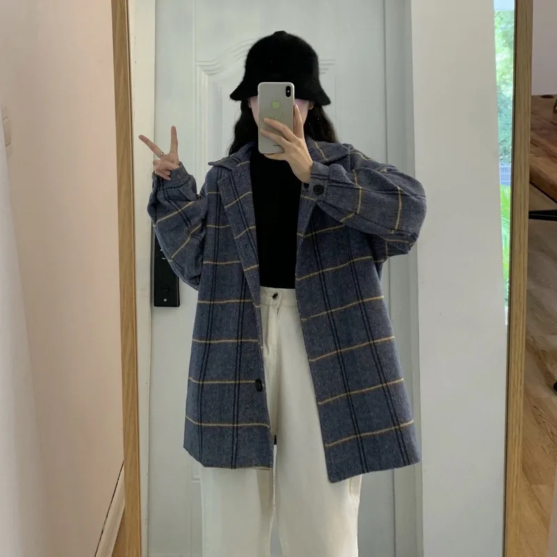 Factory Price Autumn And Winter New Style Korean-style BF Style Loose Retro Plaid Woolen Coat Student Woolen Overcoat