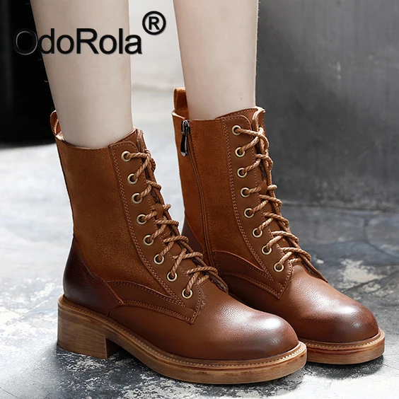 

Women Winter Boots Genuine Leather Ankle Boots 4cm Low Heel Lace-up Oxford Shoes Booties Martin Boots Biker Boots Motocross Boot