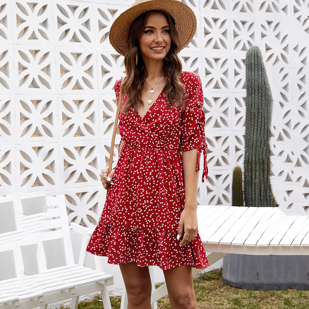 

Polka Dot Ruffle Mini Dress Women 2021 Summer Half Sleeve Lace Up V Neck With Zipper Ladies Casual Vintage Black Red Dresses