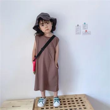 

Children'S Japanese New Summer Solid Color Girls Dress Girls Sleevelesst-Shirt Baby Long Dress