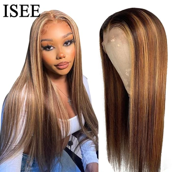 ISEE HAIR Highlight Straight Lace Front Human Hair Wigs For Women 13X4 Lace Frontal Wig 4 27 Ombre Malaysian Straight Lace Wigs tanie i dobre opinie long Droit Partie dentelle Perruque à fermeture en dentelle perruques avant en dentelle CN (Origine) Cheveux Remy Half Machine Made Half Hand Tied