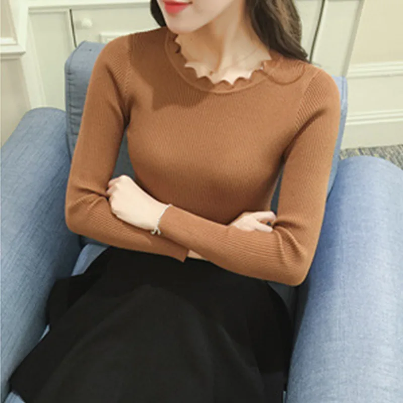 Women Sweater Pullover Basic Rib Knitted Cotton Tops Purfle Neck Jumper Long Sleeve Sweaters Warm Female Sweaters NS