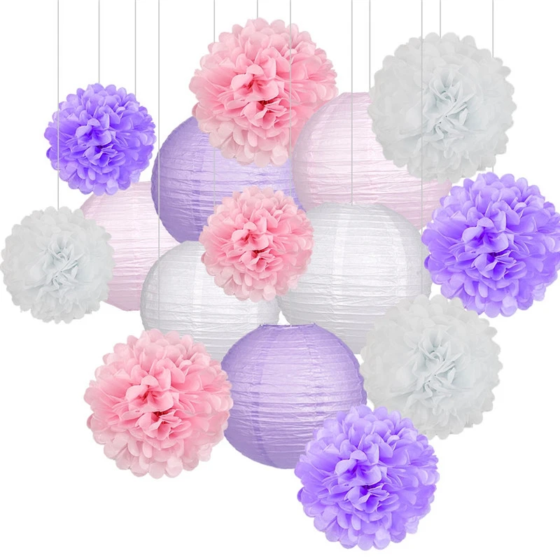 

15Pcs Decorations Paper Flower Ball Paper Paper Lanterns Set Party Wedding Birthday Festival Supplies Home Decoration Pink Purpl