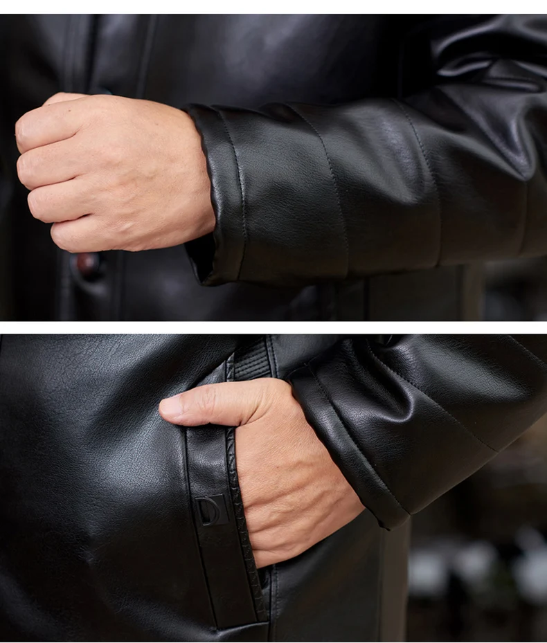 Зимние мужские элегантные Куртки из искусственной кожи, утолщенная пуховая подкладка, съемный меховой воротник, мягкая искусственная кожа, пальто, черная, коричневая верхняя одежда