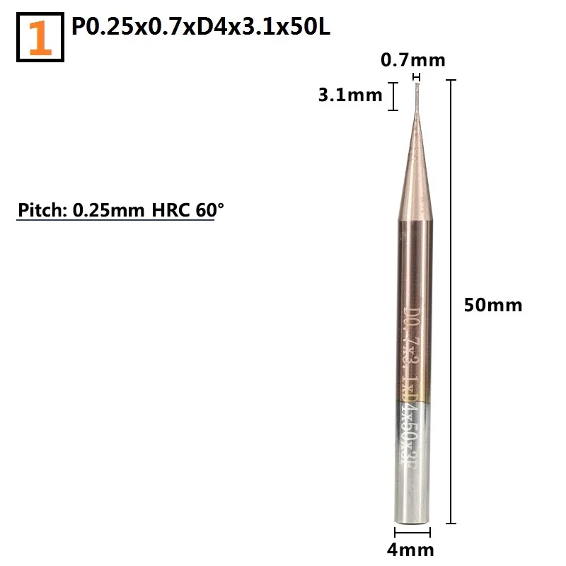 1 шт. однониточный фреза P0.25-0.8 TiCN с покрытием ЧПУ фреза 4 мм хвостовик Резьбовая мельница Карбид Концевая фреза - Длина режущей кромки: P0.25x0.7xD4x3.1x50L