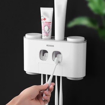 

Automatic Toothpaste Dispenser Wall-Mounted Toothbrush Holder with 2 Toothpaste Dispensers 4 Cups and 5 Toothbrush Slots