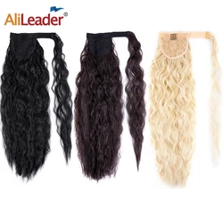 Alileader 22Inch Curly Wavy Ponytail Synthetic Hairpiece Hook&Loop Wrap On Clip Fack Hair Extension Ombre Blonde Corn Ponytail