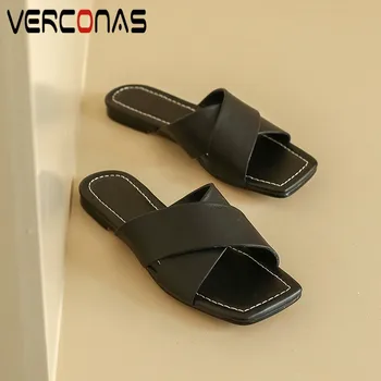 

VERCONAS 2020 Sexy Woman Sandals Woman Flat Woman Slippers Classic Design Casual Shoes Genuine Leather Square Toe Shoes Woman
