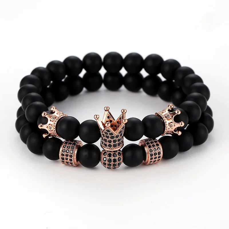 rose gold Черная матовая искусственная кожа с Парные браслеты, миниатюрный Циркон 4 цвета Корона бусина, жесткий браслет 2 шт./компл. для Для мужчин Для женщин Будды из бисера - Окраска металла: rose gold