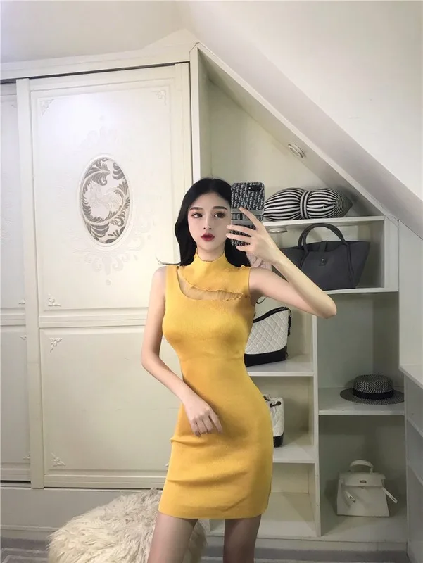 Vestidos Verano Mujer выдалбливают сплошной цвет водолазка без рукавов сетки мини Vestidos De Verano платья женские вечерние ночные