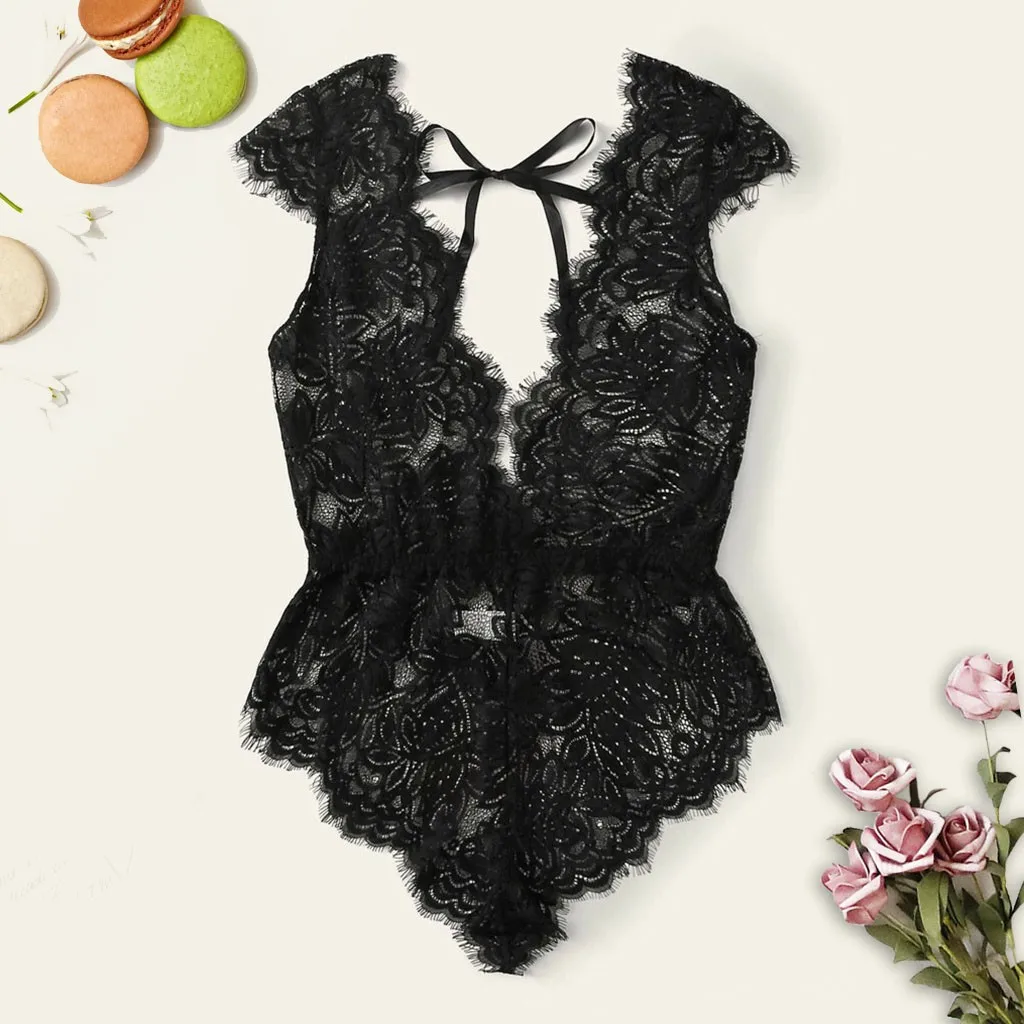

New Style Women Sexy Eyelash Floral Sleepwear Bodysuit Deep V-Neck Lace Sleeveless Backless Teddy Bodysuit Nightwear Jumpsuit