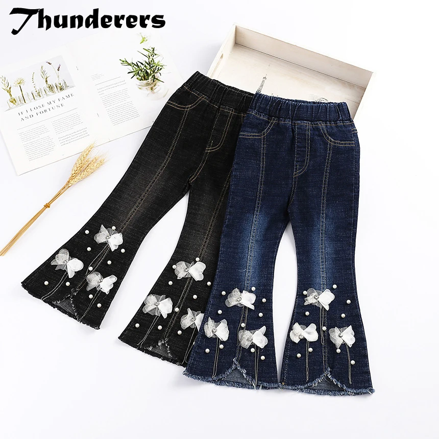 

Thunderers Spring Autumn Kids Jeans For Girls Bell-bottomed Pants Winter Floral Decoration Children Elegant Trousers 24M-6Y