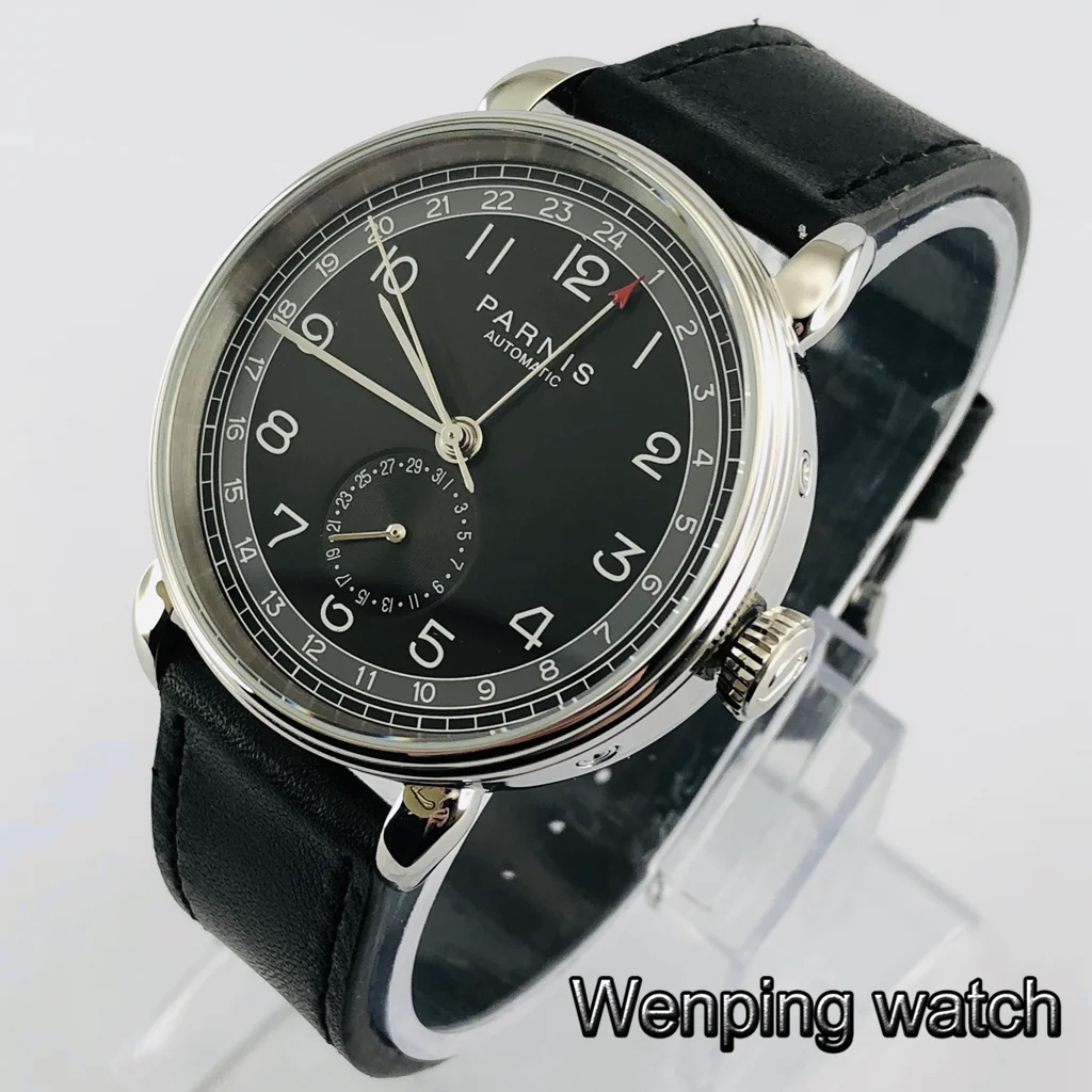 Parnis 42 мм GMT Серебряный чехол с черным циферблатом арабский знак Дата Окно кожаный ремешок мужские Топ Досуг автоматические механические часы