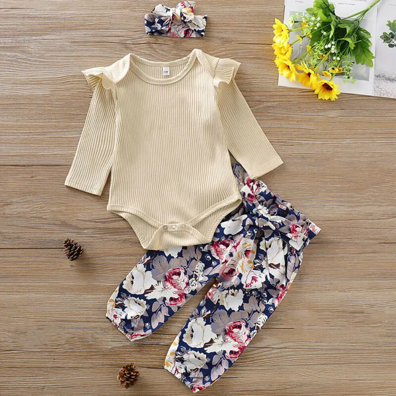 

Newborn Baby Girls Cotton Ruffles Long Sleeve Romper Floral Printing Pants Outfit Headbands Autumn Clothes