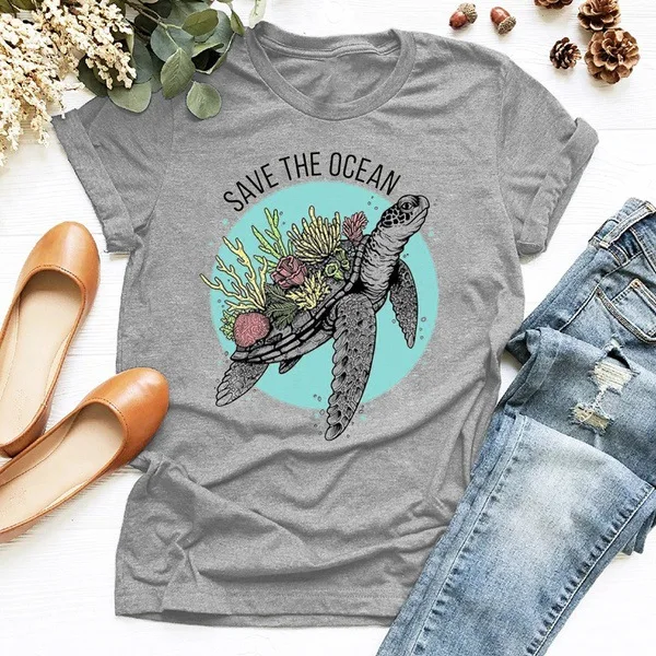 

SAVE THE OCEAN Sea Turtle Printed WomenShort Sleeve Tee S-3XL Graphic Tees Women Unif Harajuku T Shirt