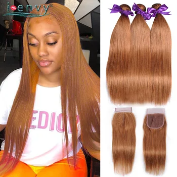 

Gold Blonde Bundles With Closure Straight Colored Peruvian Human Hair Bundle With Closure Ginger Blonde Bundles Long Remy Hair
