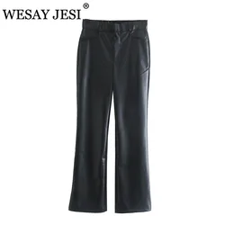 WESAY JESI – pantalon évasé en cuir PU pour femme, collant Sexy, taille haute, avec fermeture éclair, style rétro, tendance 2021 