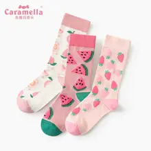 Caramella 3 пар/лот женские носки Харадзюку красочные фрукты длинные хлопковые носки забавный клубничный узор розовые носки для девочек