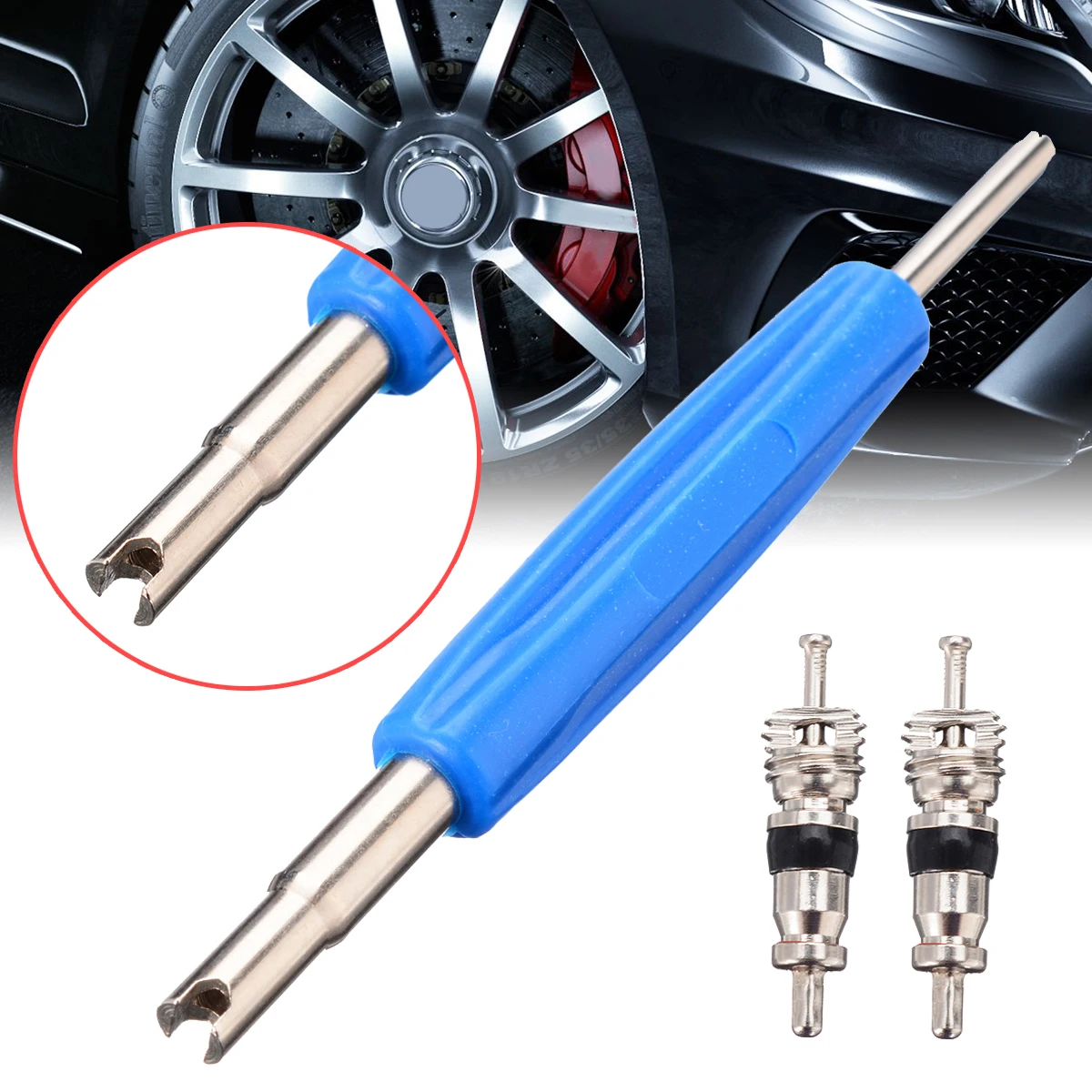 

2 Way Dual Ended Wheel Tyre Valve Key Remover Removal Tool + 2pcs Valve Cores FOR Auto Standard Big Bore Valves