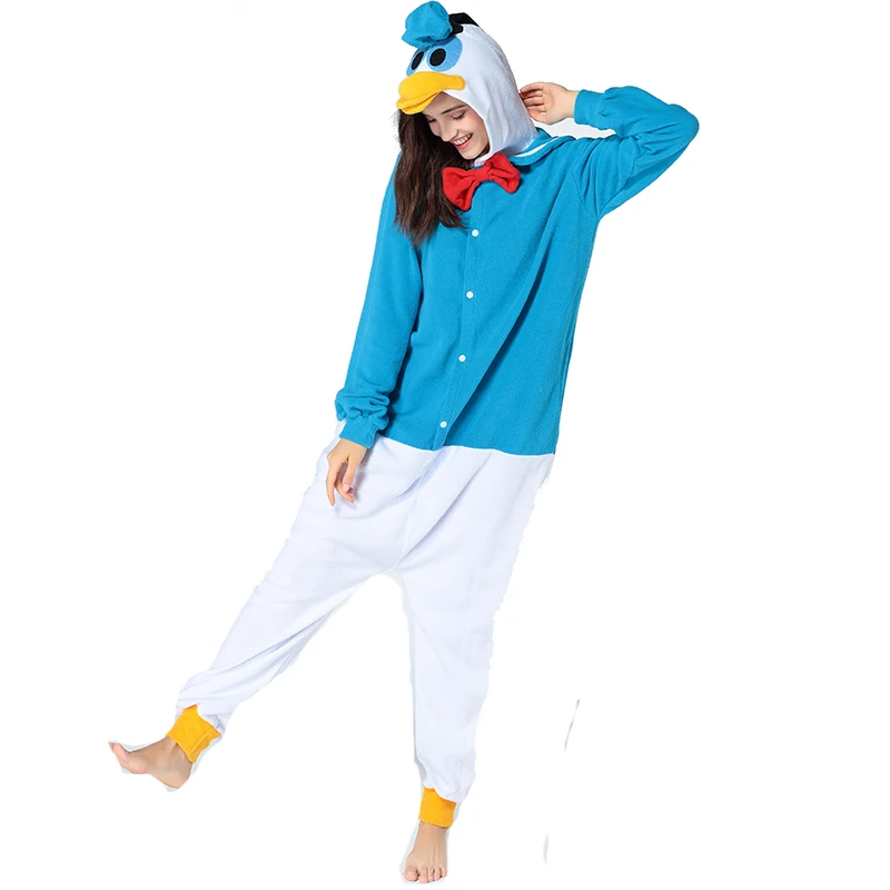 HKSNG Winter Adult Animal Fleece Duck Cosplay Costume Pajamas Onesies Christmas Halloween Kigurumi For Family Party