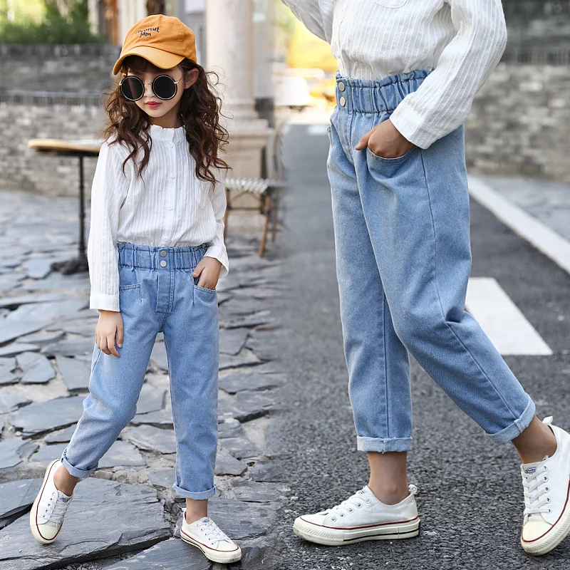 

Casual Girls Denim Pants Autumn New High Waist Kids Trousers Fashion Girls Jeans Outfits Ninth Pants Vestidos for 6 8 10 12 Year