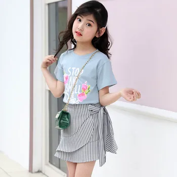 

2019 Summer Kid Casual Clothing Set 2Pcs Girls Kids Striped Skirt+Letter Rose Floral T-shirt Clothes Set