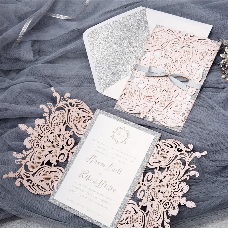  10pcs Pink Wedding Invitation Card Laser Cut Floral Glittering Engagement Baptism Briadal Invitatio - 4.00028E+12