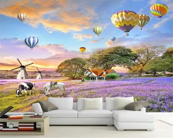 

Home Decor 3d Wallpaper Rural Flower Sea Hot Air Balloon Lavender Living Room Bedroom Water Resistant Wallpaper