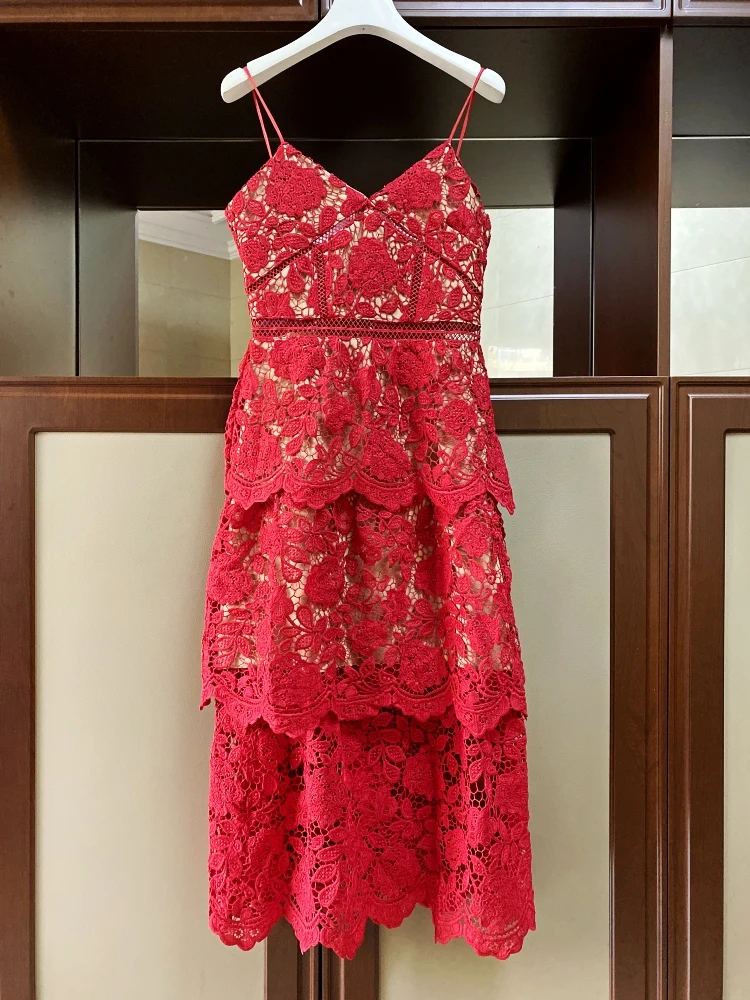 Red A-line Strap Lace Mid-calf Dress